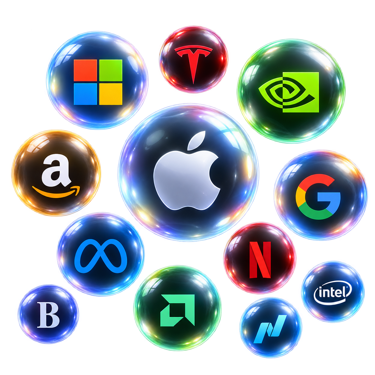 Stock logos floating in iridescent bubbles — a preview of the Stock.io arena